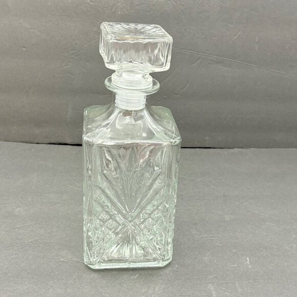 Vintage‎ Pressed Glass Decanter With Square Stopper 9.5” tall Y2K 90s Barware - Picture 1 of 9